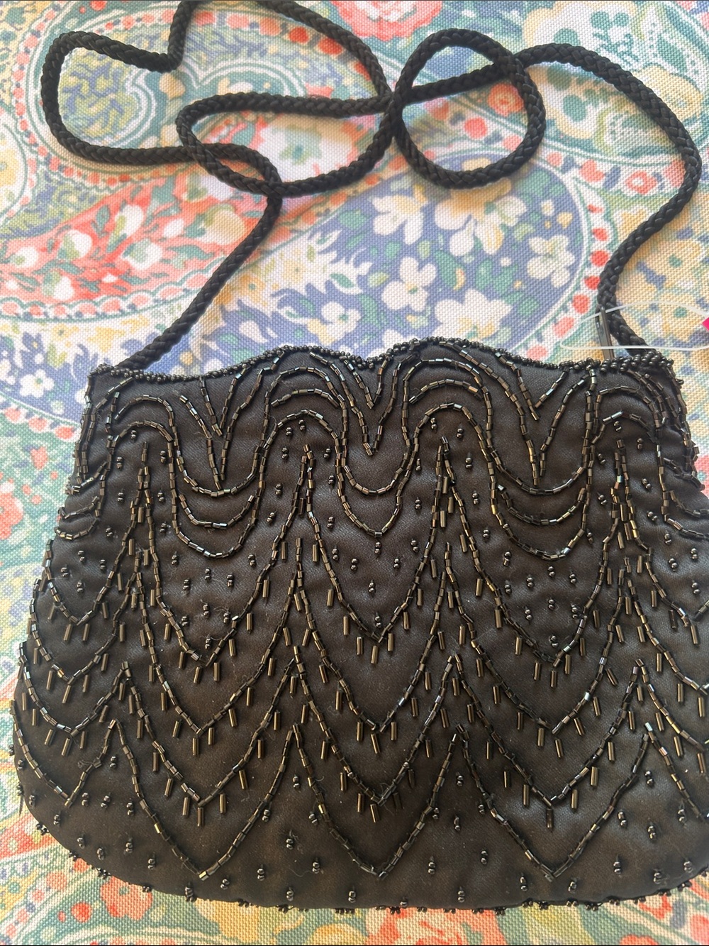 Beaded Black Evening Clutch with Shoulder Cord